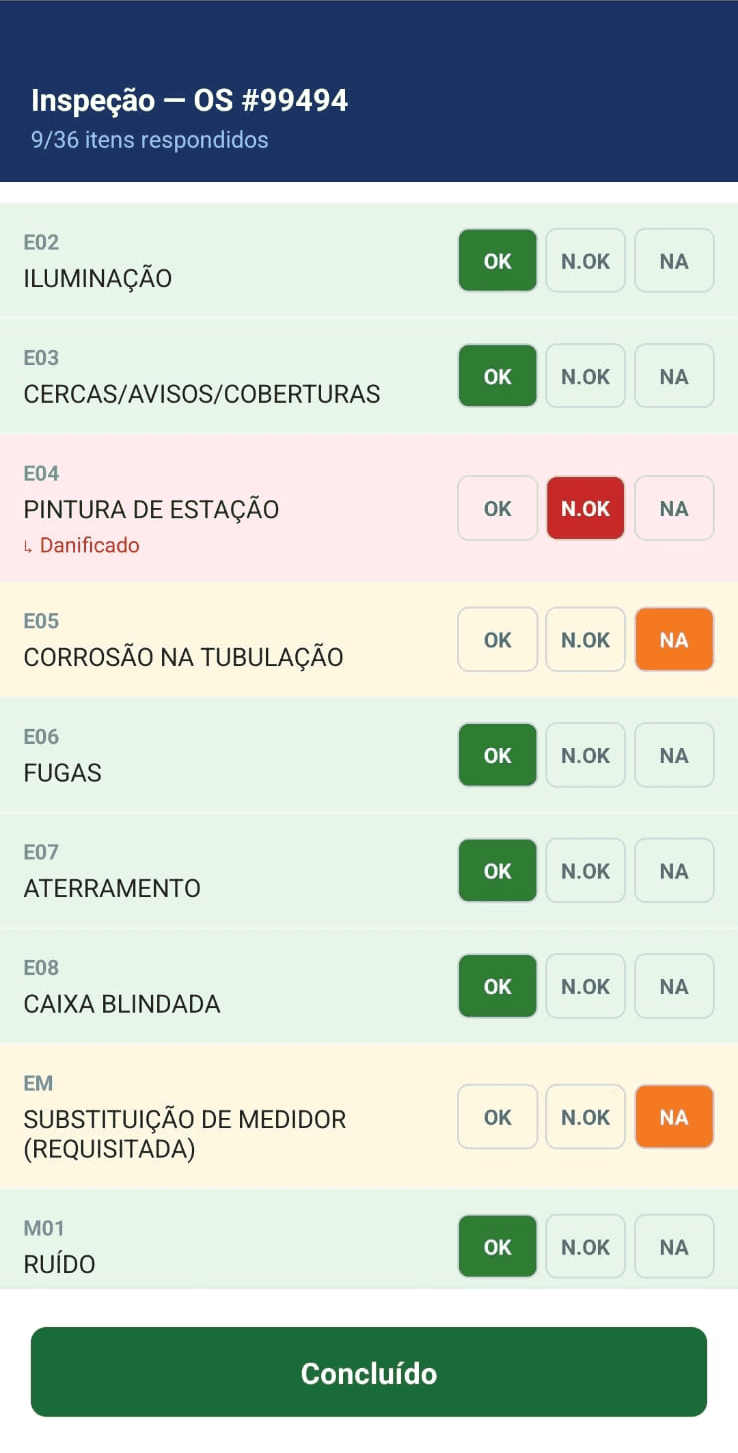 Aplicativo de inspeção em campo aberto num celular, na tela de uma ordem de serviço com 9 de 36 itens respondidos. Cada linha traz um item — iluminação, cercas, pintura de estação, corrosão na tubulação, fugas — e os botões OK, N.OK e NA, com a linha inteira colorida conforme a resposta.